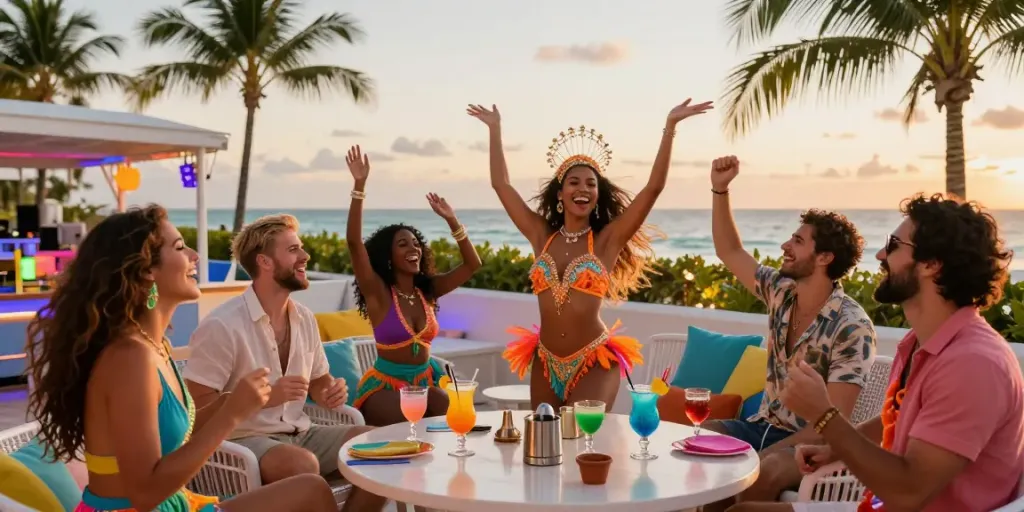 Strippers in Miami entertaining a lively beach party with exotic dance performance during sunset.